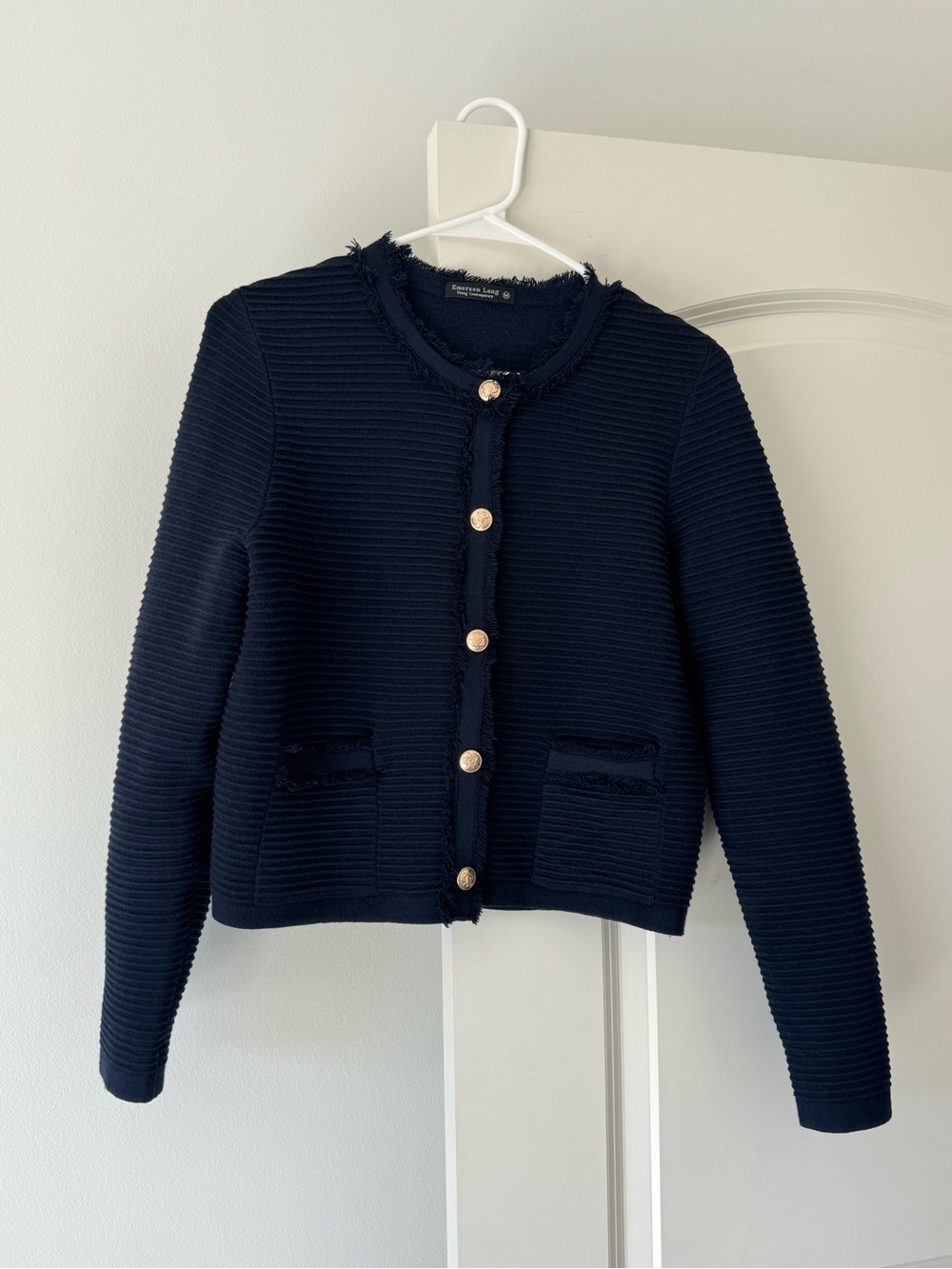 Navy Tweed-Trim Women’s Button Up Sweater